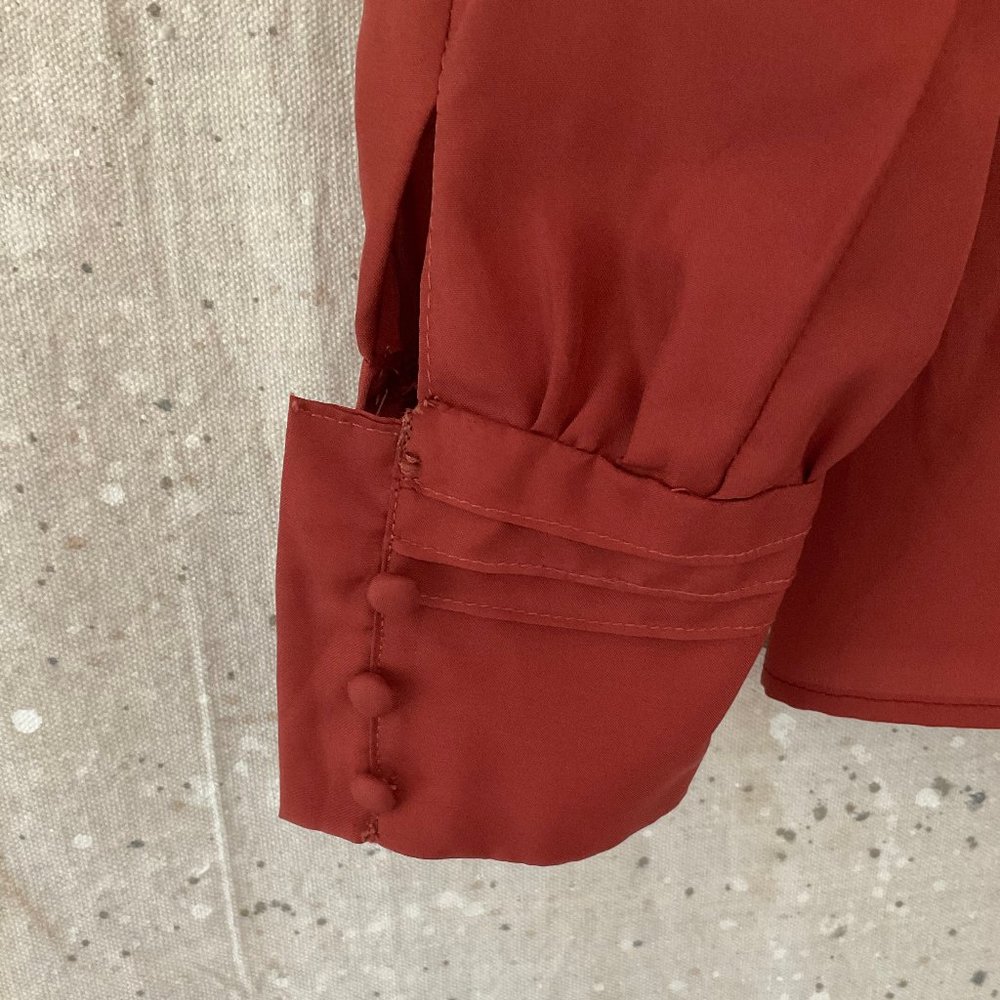 70's Rust Bow Ruffled Secretary Blouse/Pintuck/Button Up/Handmade - Picture 9 of 10